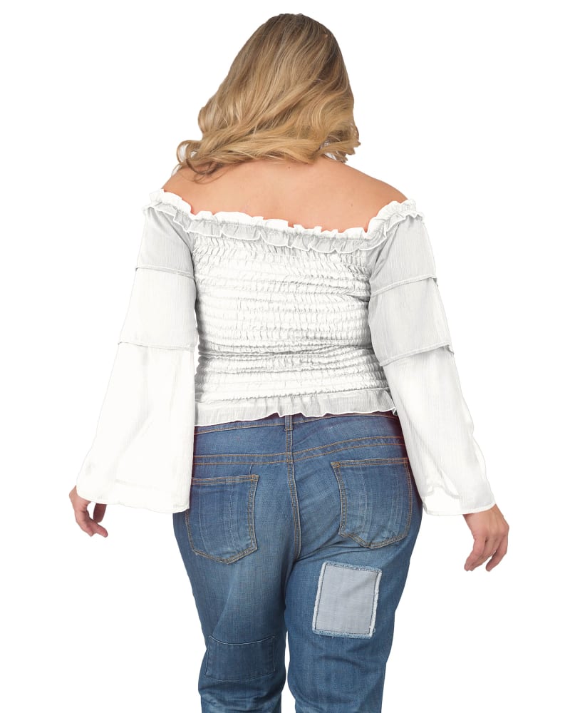 Back of a model wearing a size 1X Katniss Smocked Blouse in Off White by Standards & Practices. | dia_product_style_image_id:280578